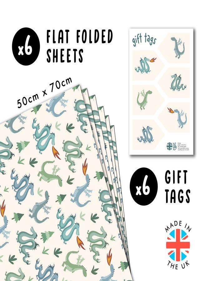 CENTRAL 23 Dragon Wrapping Paper - Boys Birthday Wrapping Paper - 6 Sheets Gift Wrap For Christmas Baby Shower Easter - Blue Green Cream Cute Kods Son Student - Comes With Tags - Eco-friendly - Image 2